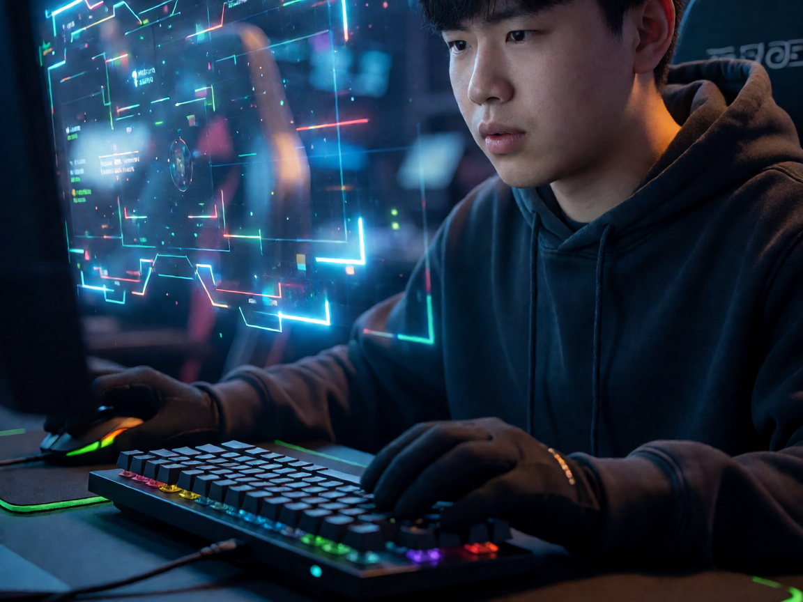 电子竞技比赛现场，选手在高性能设备上激烈操作